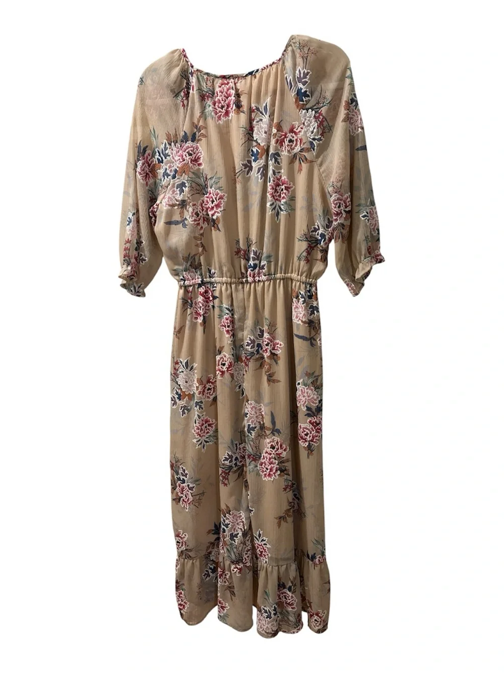 Just Found Floral Maxi Dress Sheer Chiffon Ruffle Hem Neutral Boho Pink Blue